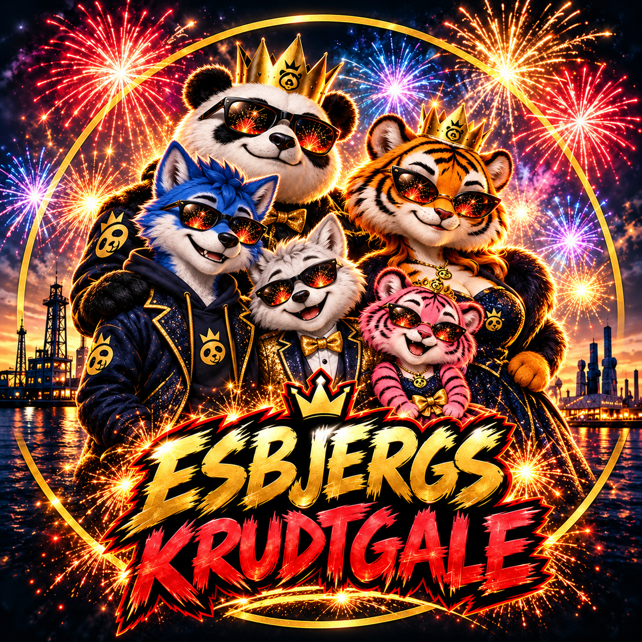 Esbjergs Krudtgale som familie: panda og tiger med en blå teenageulv, en mindre hvid ulv og en lille lyserød tigerunge i festtøj foran fyrværkeri