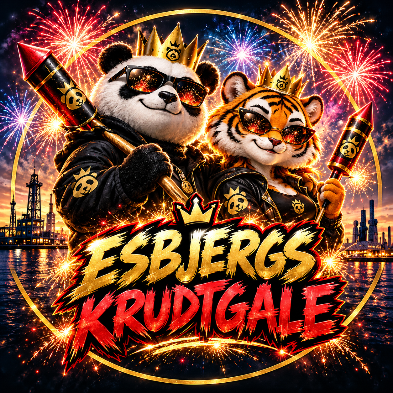 Esbjergs Krudtgale: panda og tiger med kroner og solbriller foran farverigt fyrværkeri